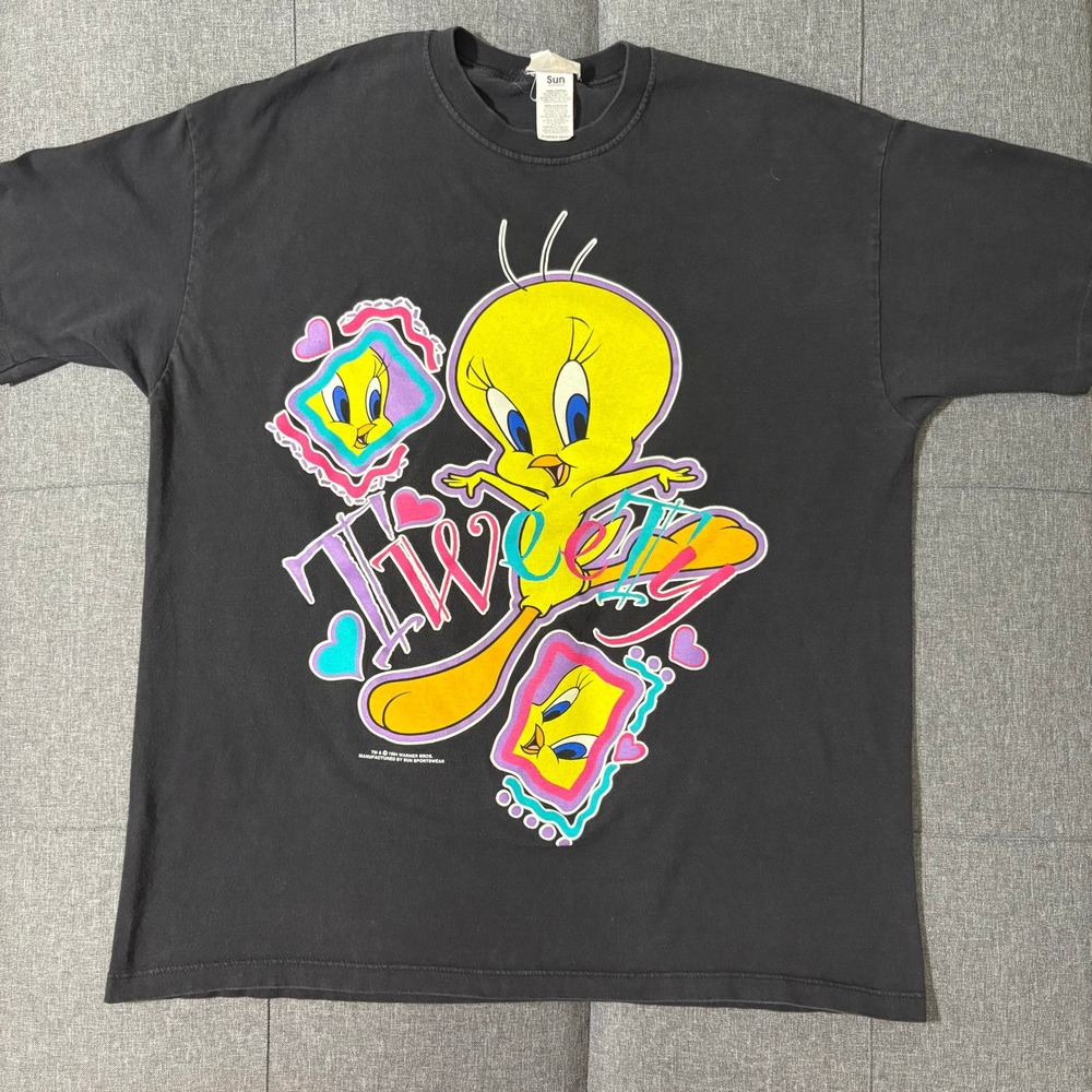Vtg 90s Looney Tunes Tweety and Taz Double Sided Single Stitched T Shirt XL 1994